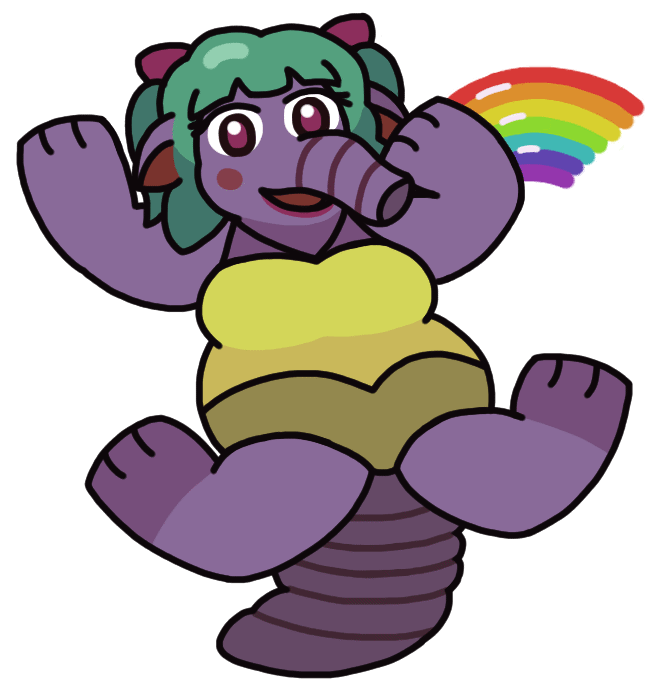 An anthropomorphic elephant-like woman with a trunk nose, held up by a large springy tail while her legs kick back in the air. She waves happily toward the viewer, her arm leaving a rainbow trail.