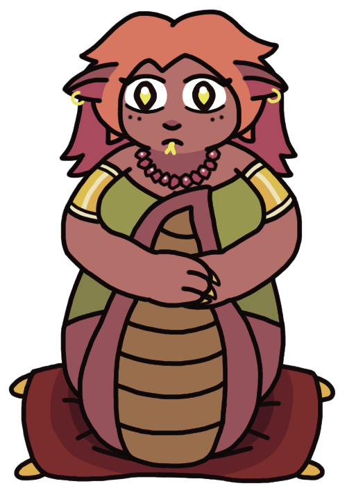 A woman sitting on a cushion and hugging her own snake tail with wide-eyed nervousness. She has other snake-like features like a forked tongue and diamond-shaped pupils, though also pointy ears sticking out to the side and paw-like hands with claws. She wears bracers on her upper arms and a necklace of red jewels.