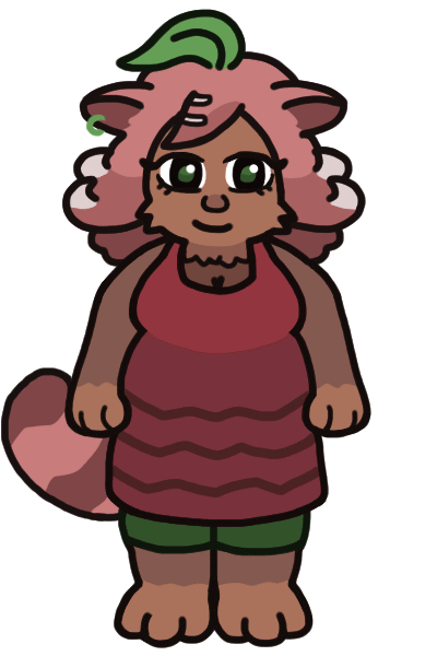 An anthropomorphic tanuki lady. She has a green leaf growing out of the top of her head, pink hair that curls up at the sides, a red dress with zig-zaggy ruffles on it, and a big striped tail.