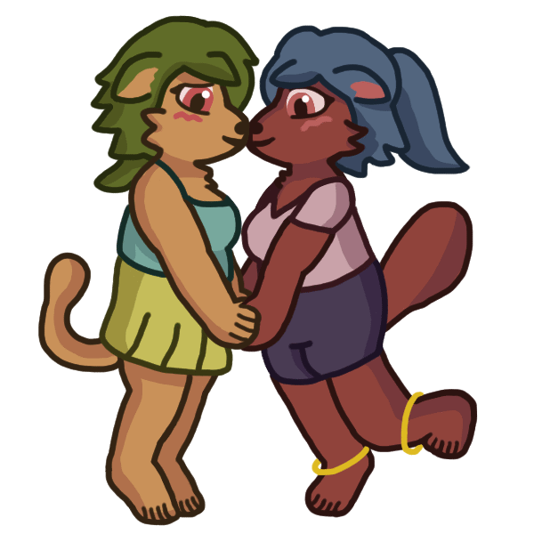 Two furry girls (of ambiguous type) face to face, blushing, clasping each other's hands, and leaning toward each other to touch noses/kiss. Both are standing on tiptoe, with one of them kicking one foot back in the air.