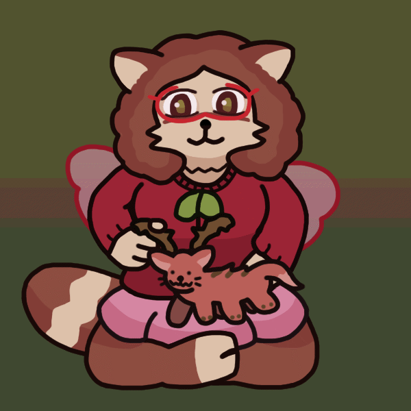 Velvette (a furry creature with cat-like ears, a raccoon-like tail, round hooves, and fairy wings) wearing a wintry sweater and sitting cross-legged on the ground, intently fiddling with a New Kind Of Animal she's making in her lap. It looks more like a plush animal than a real one, and vaguely resembles a cat except with antlers, six legs, and a more fox-like tail.