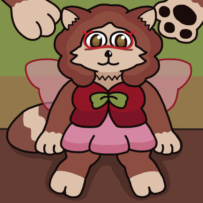 A drawing of a stuffed animal version of my fursona, Velvette, sitting on a table. Compared to the real Velvette, the proportions are a bit more stout, the eyes and nose are shiny and plastic-y, and some fur tufts are simplified to zig-zag patterns. The real Velvette's comparatively large paws hover near the head as if to grab it.