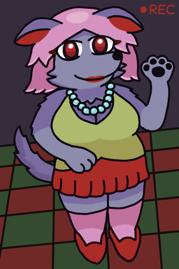 An anthropomorphic wolf woman viewed from a high tilted angle, with "REC" in red text in the corner. She waves at the camera, looking directly into it with a seemingly-knowing smile, and has a generally eye-catching appearance, with pink hair, red lipstick, and a pearl necklace.