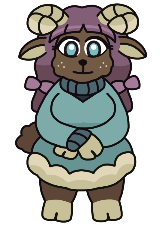 An anthropomorphic sheep girl with big, wide-open eyes. Her hoof hands, crossed in front of her, rest on her belly. She has curly horns, ribbons in her hair, and wears a fluffy coat.