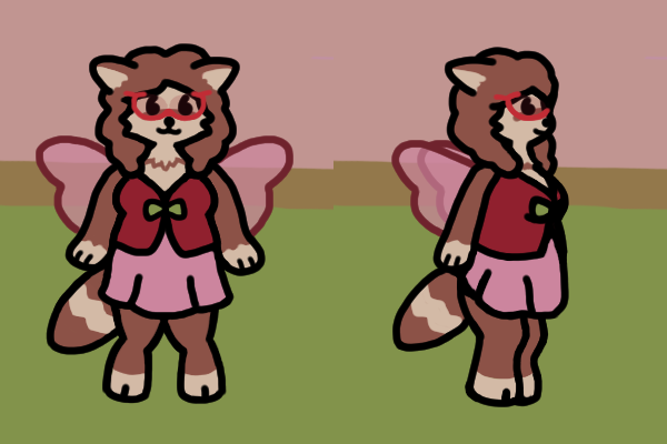 Velvette, a furry creature with floofy hair, cat-like ears, translucent pink wings, a big raccoon-esque tail, and round hooves, shown from both a front view and a side view.