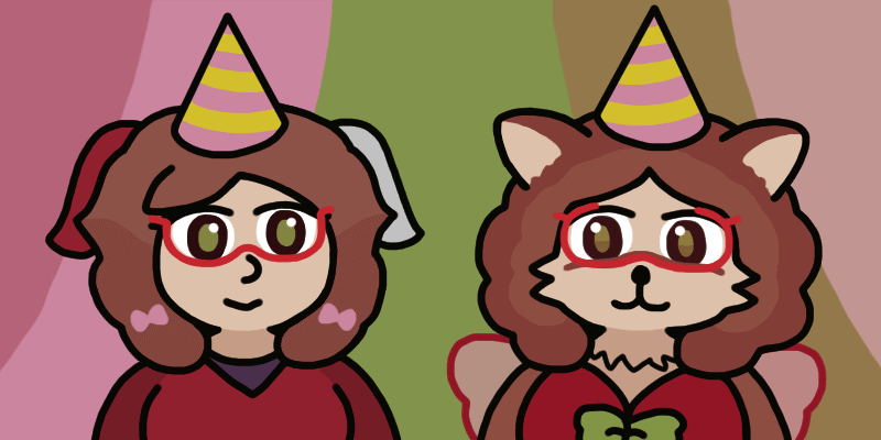 vghime (me) and Velvette (my fursona) wearing party hats and looking at each other.