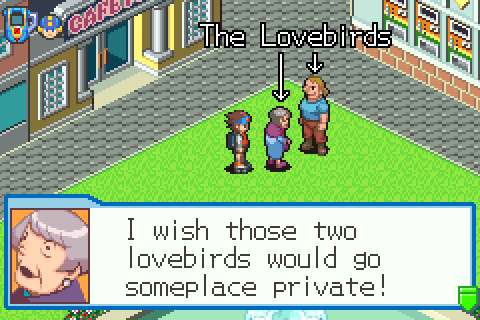 Old Woman: ''I wish those two lovebirds would go someplace private!'' Arrows indicate that the woman speaking and the man she's facing are, in fact, ''The Lovebirds.''