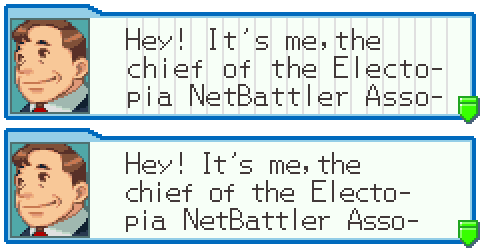 Two dialogue boxes of a businessman saying ''Hey! It's me, the [line break] chief of the Electo- [line break] pia NetBattler Asso-'' The first box is modified to make the font have a fixed width of 8 pixels (with faint grid lines showing the 8-pixel spaces they fit into), and the text goes mostly up to the edge of the box. The second box shows how it actually appears in game with the variable-width font, and it's clear there's enough extra room that the text does not need to be broken up in this way.